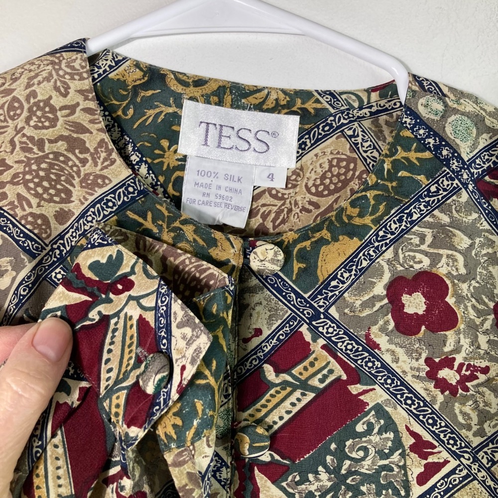 Tess 100% Silk Patchwork Print Button Front Shirt… - image 3